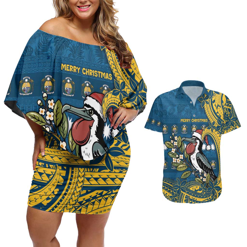 Nauru Christmas Couples Matching Off Shoulder Short Dress and Hawaiian Shirt Frigatebird Bird Santa Tribal Waves - Polynesian Pride