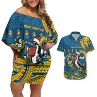 Nauru Christmas Couples Matching Off Shoulder Short Dress and Hawaiian Shirt Frigatebird Bird Santa Tribal Waves - Polynesian Pride