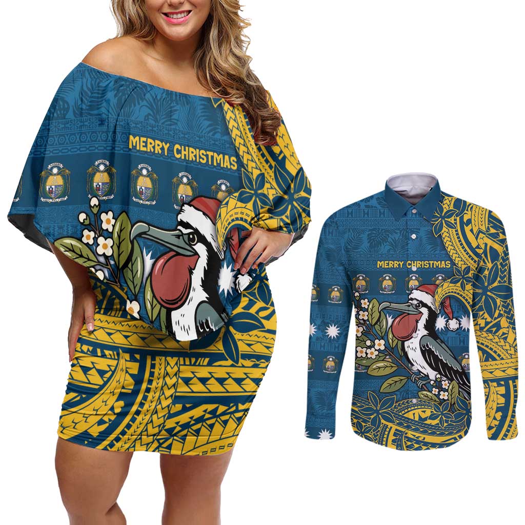 Nauru Christmas Couples Matching Off Shoulder Short Dress and Long Sleeve Button Shirt Frigatebird Bird Santa Tribal Waves - Polynesian Pride
