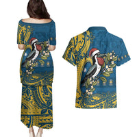 Nauru Christmas Couples Matching Puletasi and Hawaiian Shirt Frigatebird Bird Santa Tribal Waves - Polynesian Pride
