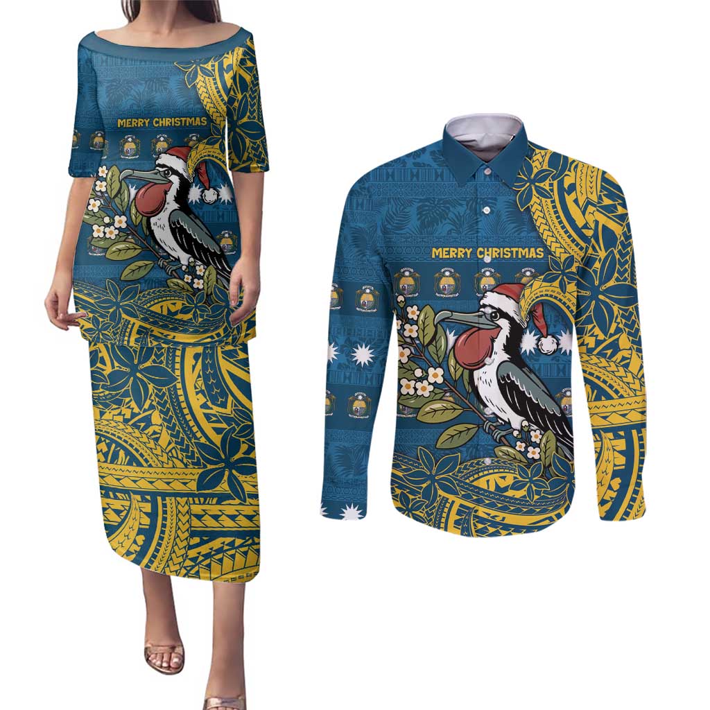 Nauru Christmas Couples Matching Puletasi and Long Sleeve Button Shirt Frigatebird Bird Santa Tribal Waves - Polynesian Pride