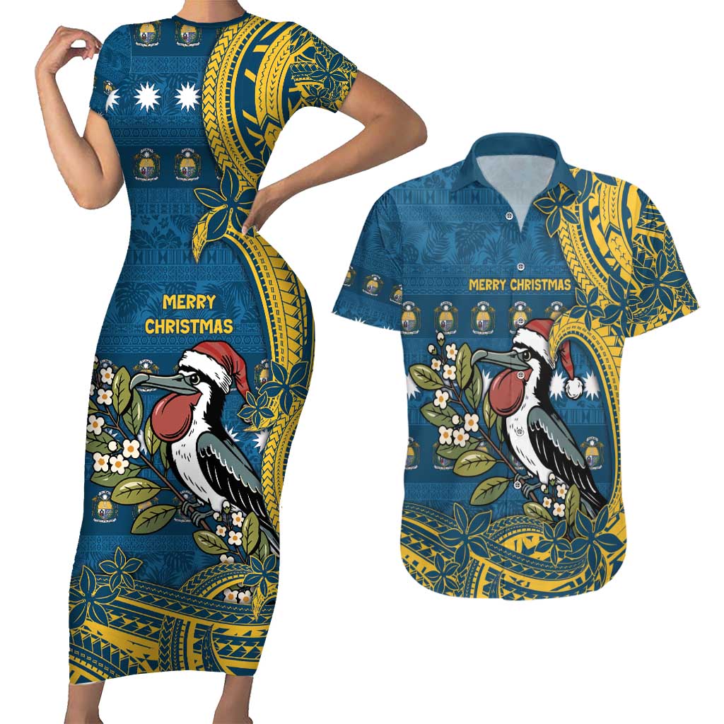 Nauru Christmas Couples Matching Short Sleeve Bodycon Dress and Hawaiian Shirt Frigatebird Bird Santa Tribal Waves - Polynesian Pride