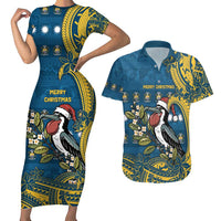 Nauru Christmas Couples Matching Short Sleeve Bodycon Dress and Hawaiian Shirt Frigatebird Bird Santa Tribal Waves - Polynesian Pride