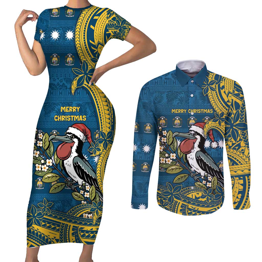 Nauru Christmas Couples Matching Short Sleeve Bodycon Dress and Long Sleeve Button Shirt Frigatebird Bird Santa Tribal Waves - Polynesian Pride