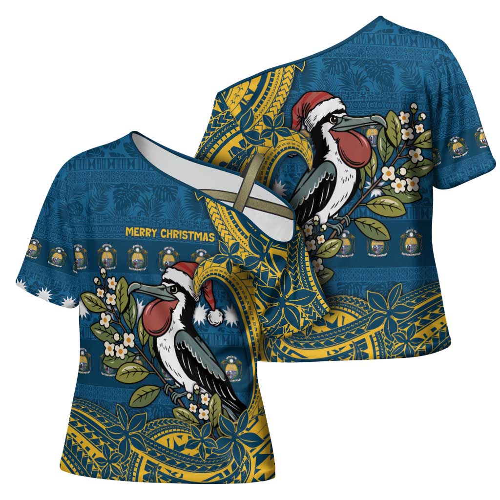 Nauru Christmas Cross Shoulder Shirt Frigatebird Bird Santa Tribal Waves - Polynesian Pride