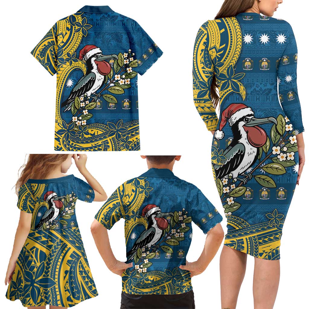 Nauru Christmas Family Matching Long Sleeve Bodycon Dress and Hawaiian Shirt Frigatebird Bird Santa Tribal Waves - Polynesian Pride
