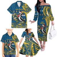 Nauru Christmas Family Matching Off The Shoulder Long Sleeve Dress and Hawaiian Shirt Frigatebird Bird Santa Tribal Waves - Polynesian Pride