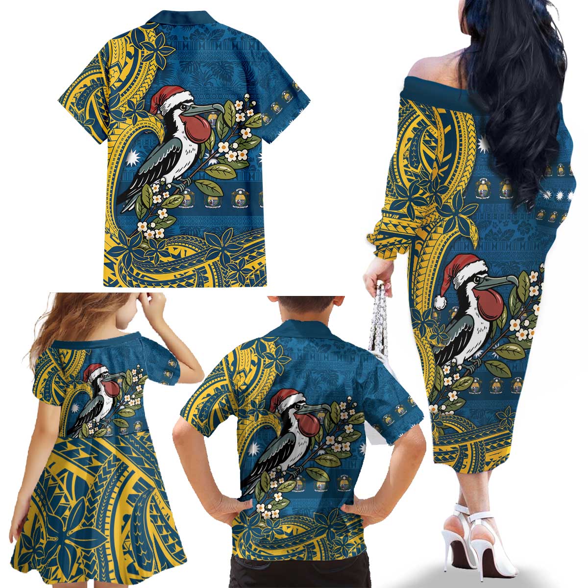 Nauru Christmas Family Matching Off The Shoulder Long Sleeve Dress and Hawaiian Shirt Frigatebird Bird Santa Tribal Waves - Polynesian Pride