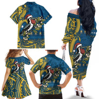 Nauru Christmas Family Matching Off The Shoulder Long Sleeve Dress and Hawaiian Shirt Frigatebird Bird Santa Tribal Waves - Polynesian Pride