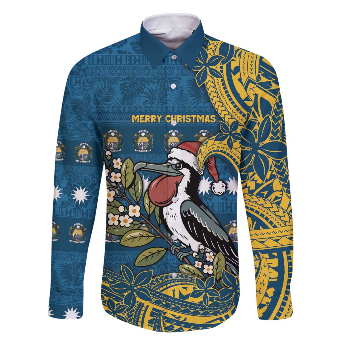 Nauru Christmas Family Matching Off The Shoulder Long Sleeve Dress and Hawaiian Shirt Frigatebird Bird Santa Tribal Waves - Polynesian Pride