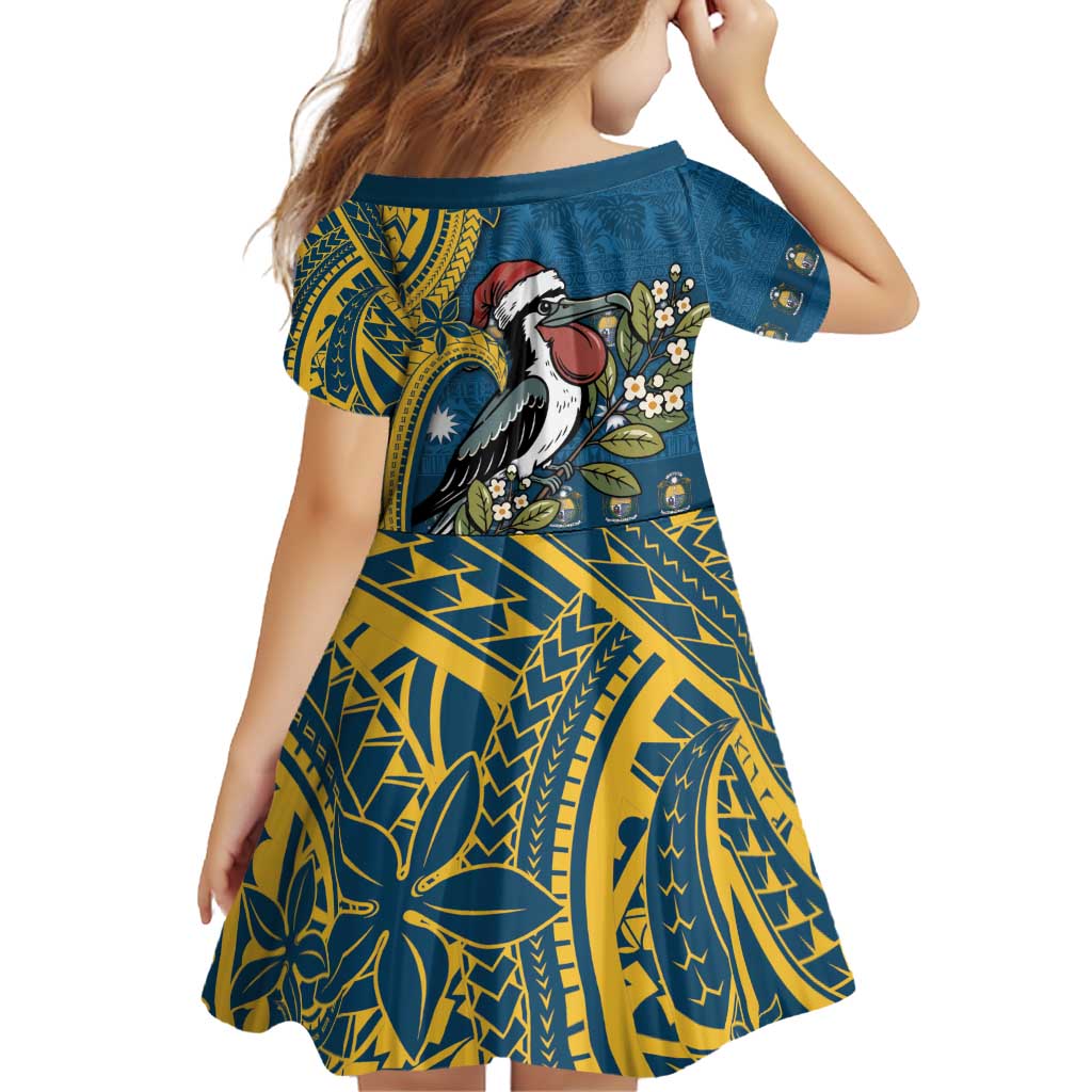 Nauru Christmas Family Matching Off Shoulder Short Dress and Hawaiian Shirt Frigatebird Bird Santa Tribal Waves - Polynesian Pride