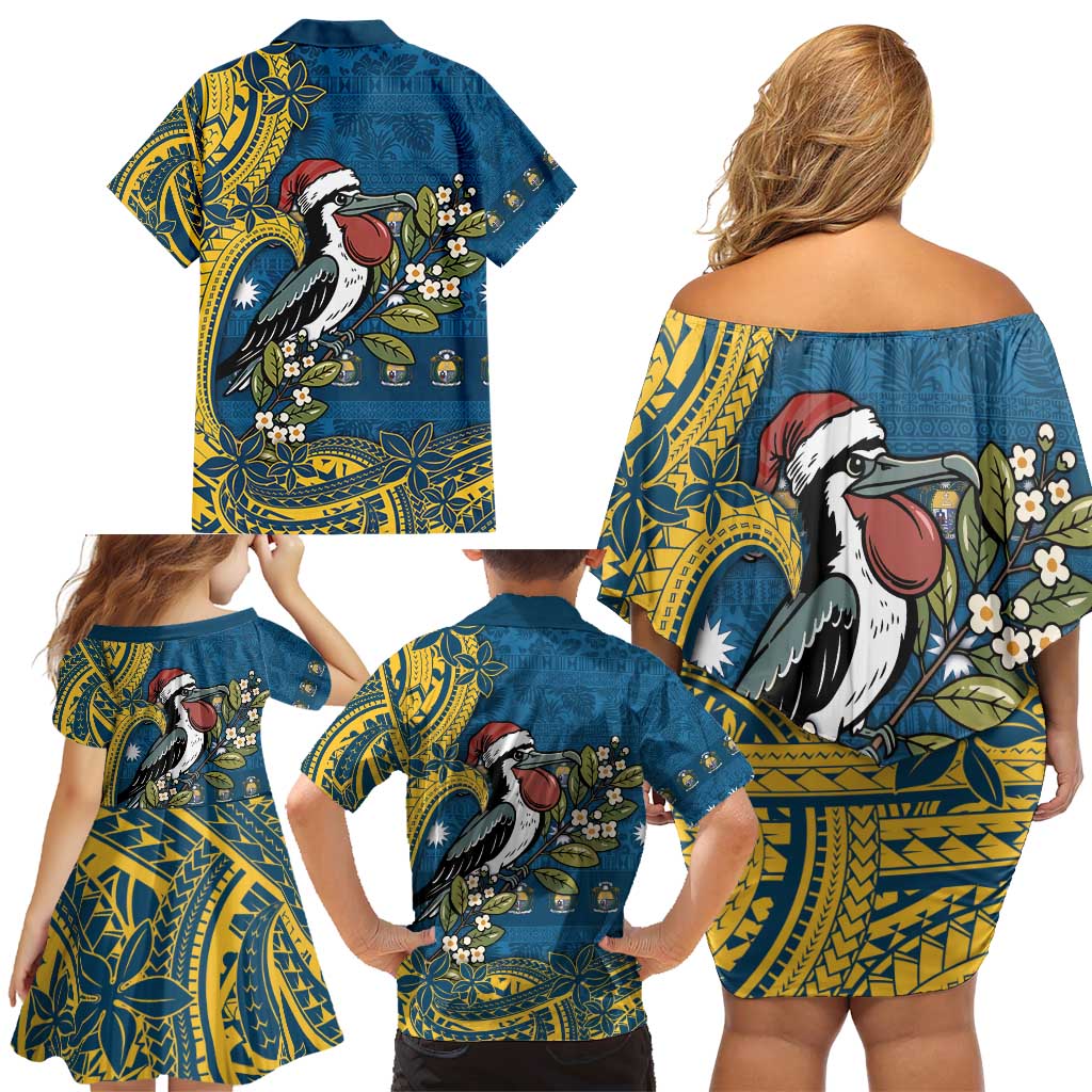Nauru Christmas Family Matching Off Shoulder Short Dress and Hawaiian Shirt Frigatebird Bird Santa Tribal Waves - Polynesian Pride