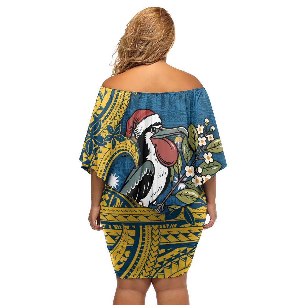 Nauru Christmas Family Matching Off Shoulder Short Dress and Hawaiian Shirt Frigatebird Bird Santa Tribal Waves - Polynesian Pride