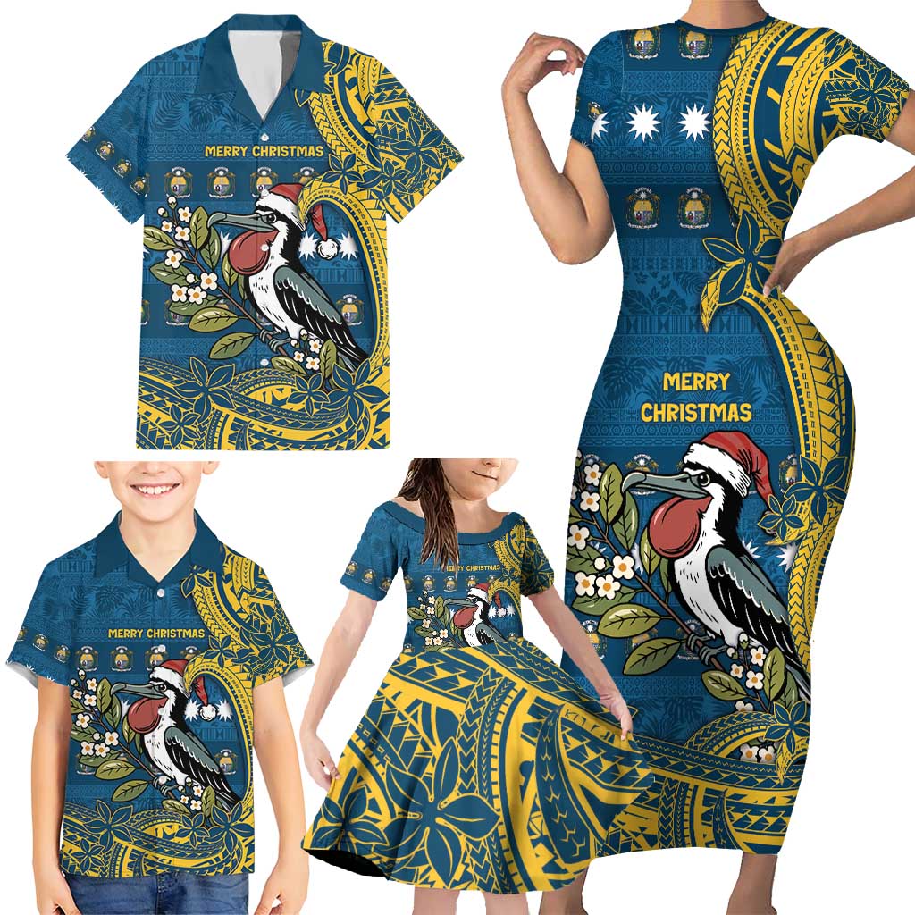 Nauru Christmas Family Matching Short Sleeve Bodycon Dress and Hawaiian Shirt Frigatebird Bird Santa Tribal Waves - Polynesian Pride