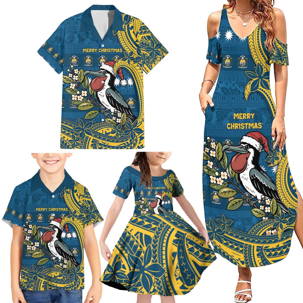 Nauru Christmas Family Matching Summer Maxi Dress and Hawaiian Shirt Frigatebird Bird Santa Tribal Waves - Polynesian Pride