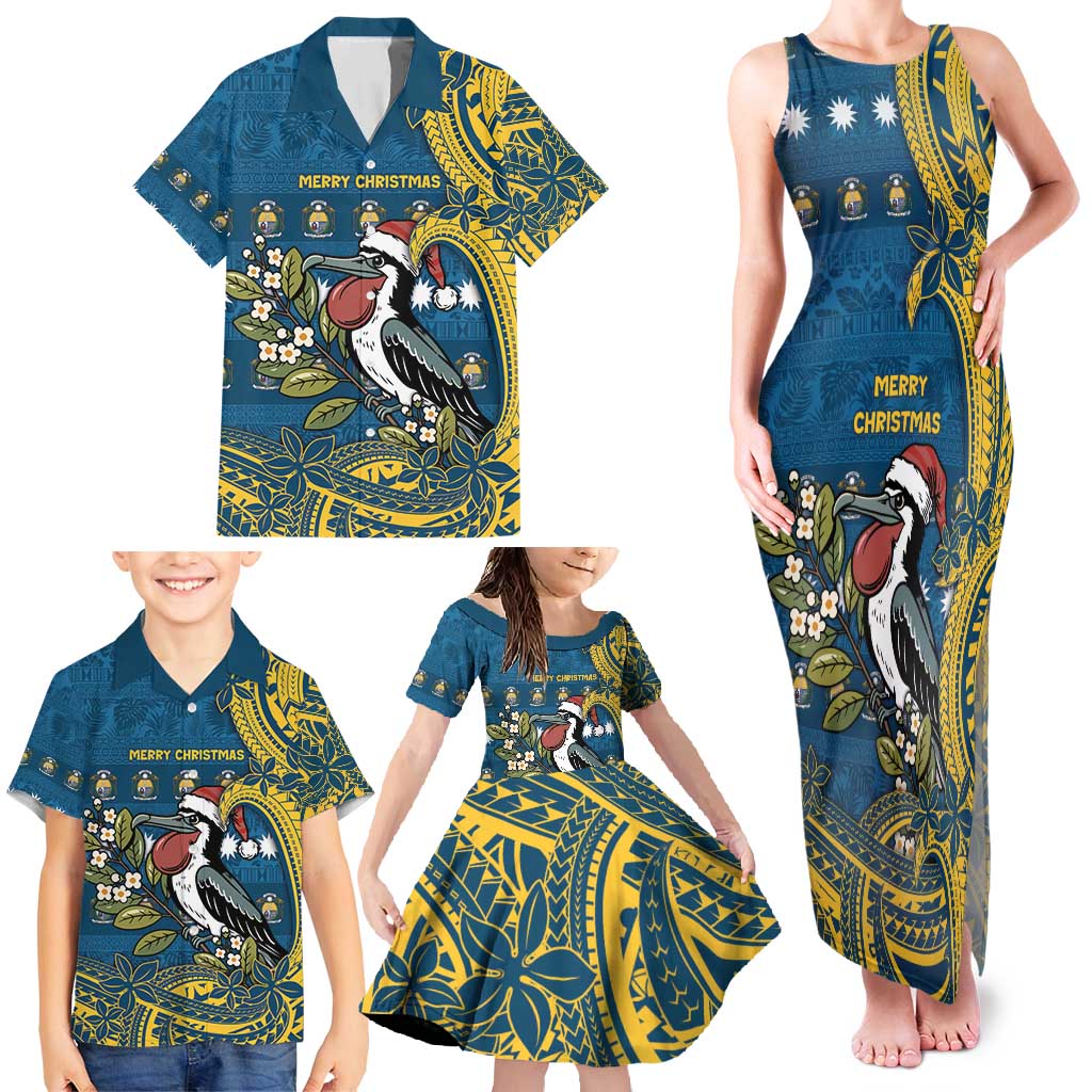 Nauru Christmas Family Matching Tank Maxi Dress and Hawaiian Shirt Frigatebird Bird Santa Tribal Waves - Polynesian Pride
