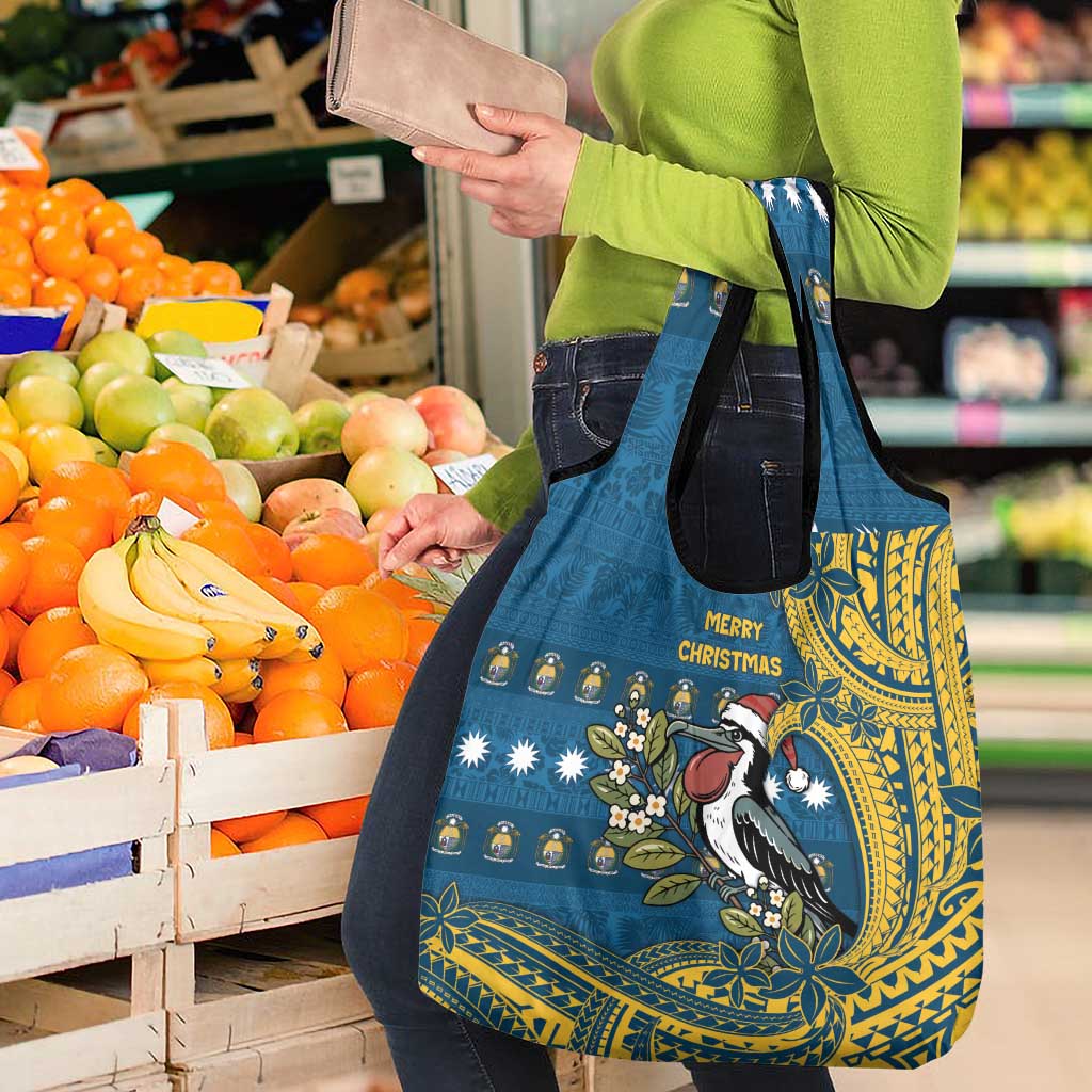Nauru Christmas Grocery Bag Frigatebird Bird Santa Tribal Waves - Polynesian Pride