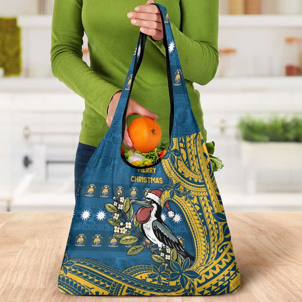 Nauru Christmas Grocery Bag Frigatebird Bird Santa Tribal Waves - Polynesian Pride