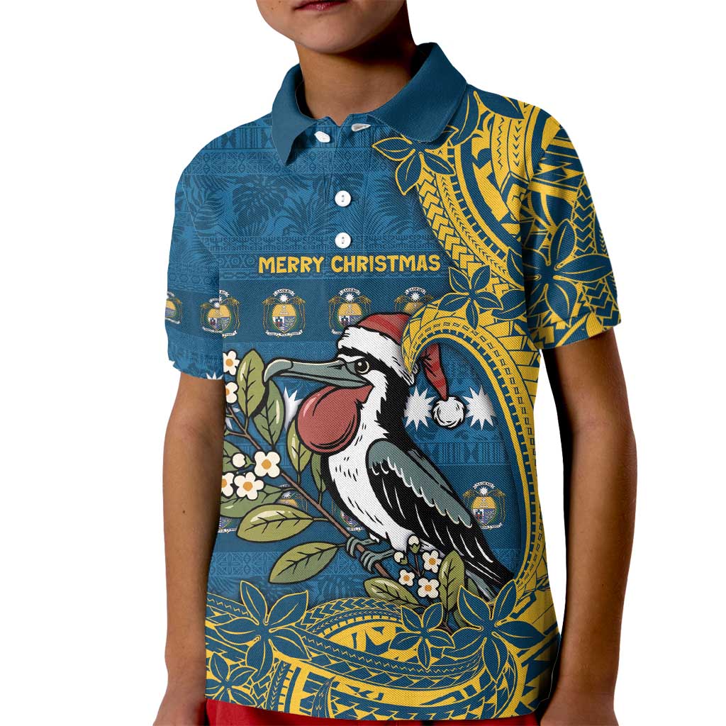 Nauru Christmas Kid Polo Shirt Frigatebird Bird Santa Tribal Waves - Polynesian Pride