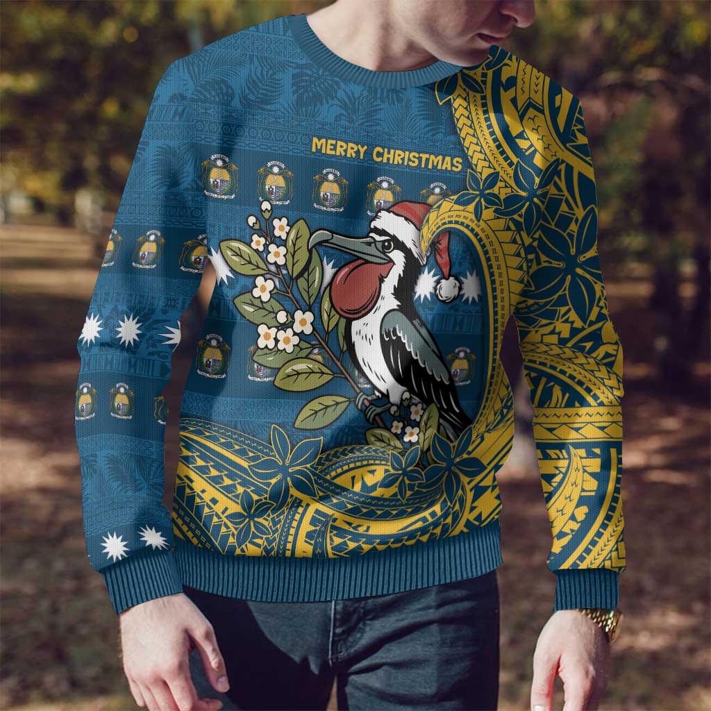 Nauru Christmas Ugly Christmas Sweater Frigatebird Bird Santa Tribal Waves - Polynesian Pride