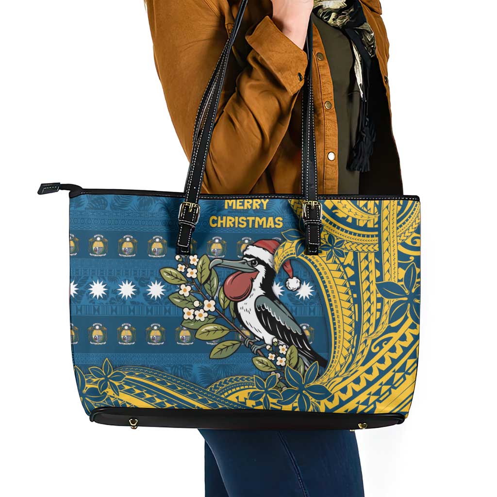 Nauru Christmas Leather Tote Bag Frigatebird Bird Santa Tribal Waves - Polynesian Pride