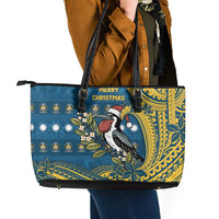 Nauru Christmas Leather Tote Bag Frigatebird Bird Santa Tribal Waves - Polynesian Pride