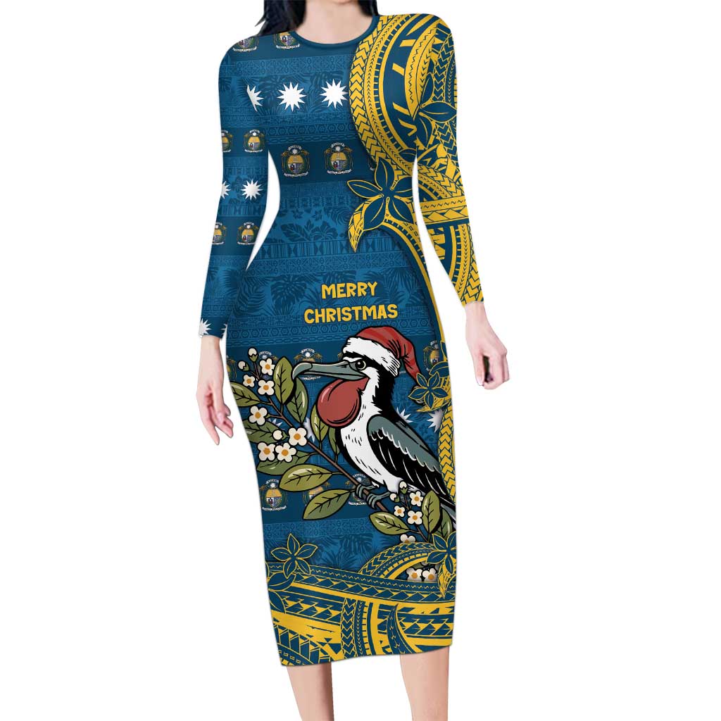 Nauru Christmas Long Sleeve Bodycon Dress Frigatebird Bird Santa Tribal Waves - Polynesian Pride