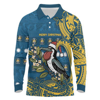 Nauru Christmas Long Sleeve Polo Shirt Frigatebird Bird Santa Tribal Waves - Polynesian Pride