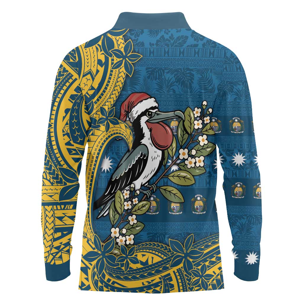 Nauru Christmas Long Sleeve Polo Shirt Frigatebird Bird Santa Tribal Waves - Polynesian Pride