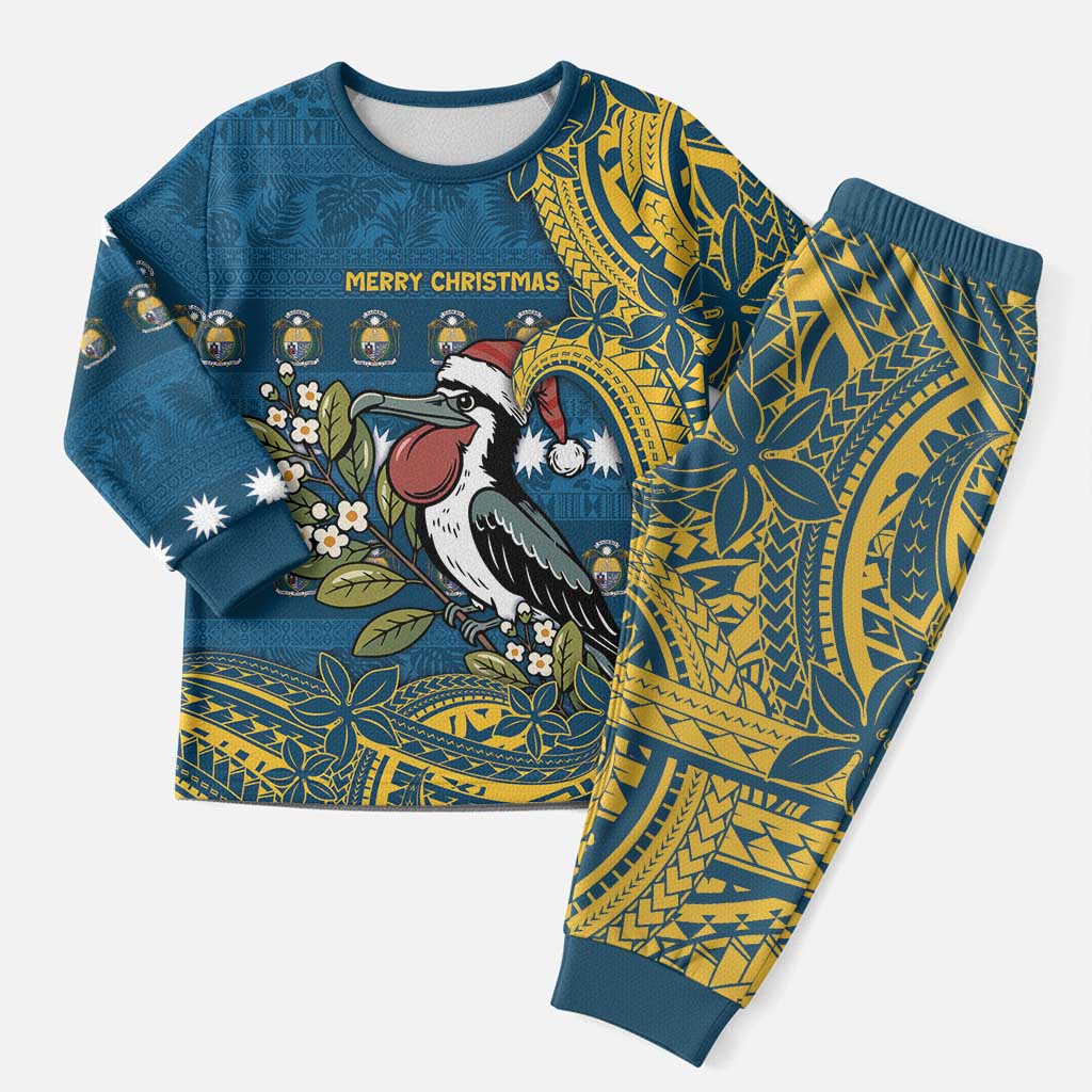 Nauru Christmas Pajama Set Frigatebird Bird Santa Tribal Waves - Polynesian Pride