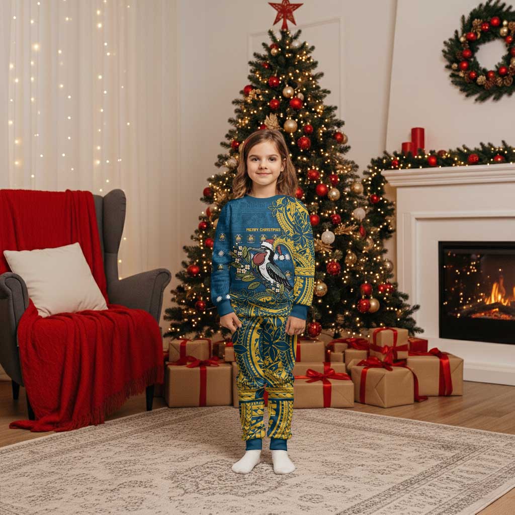 Nauru Christmas Pajama Set Frigatebird Bird Santa Tribal Waves - Polynesian Pride