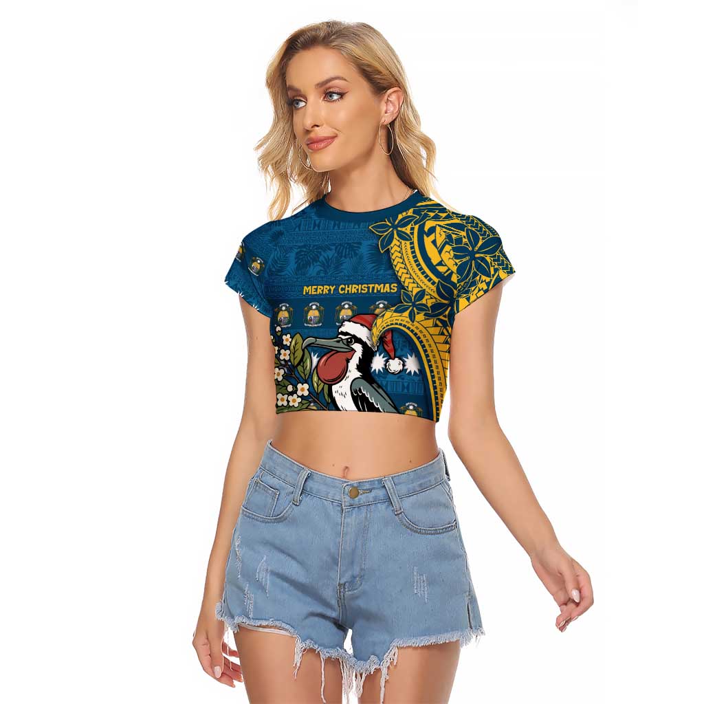Nauru Christmas Raglan Cropped T Shirt Frigatebird Bird Santa Tribal Waves - Polynesian Pride