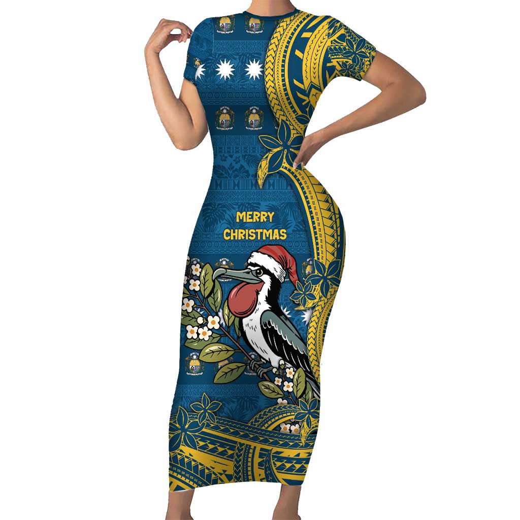 Nauru Christmas Short Sleeve Bodycon Dress Frigatebird Bird Santa Tribal Waves - Polynesian Pride