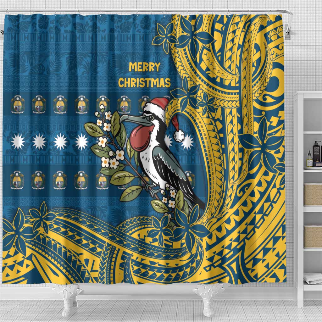 Nauru Christmas Shower Curtain Frigatebird Bird Santa Tribal Waves - Polynesian Pride