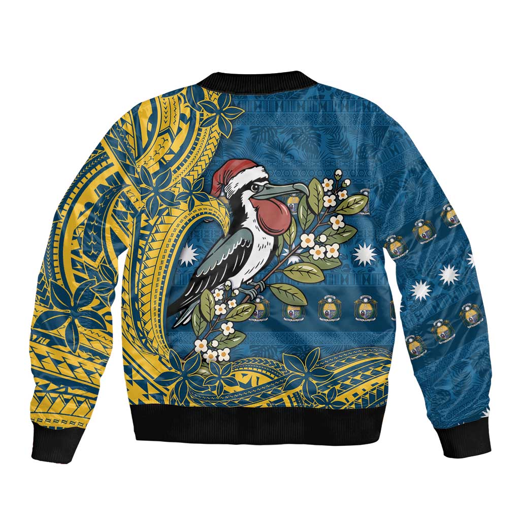 Nauru Christmas Sleeve Zip Bomber Jacket Frigatebird Bird Santa Tribal Waves - Polynesian Pride