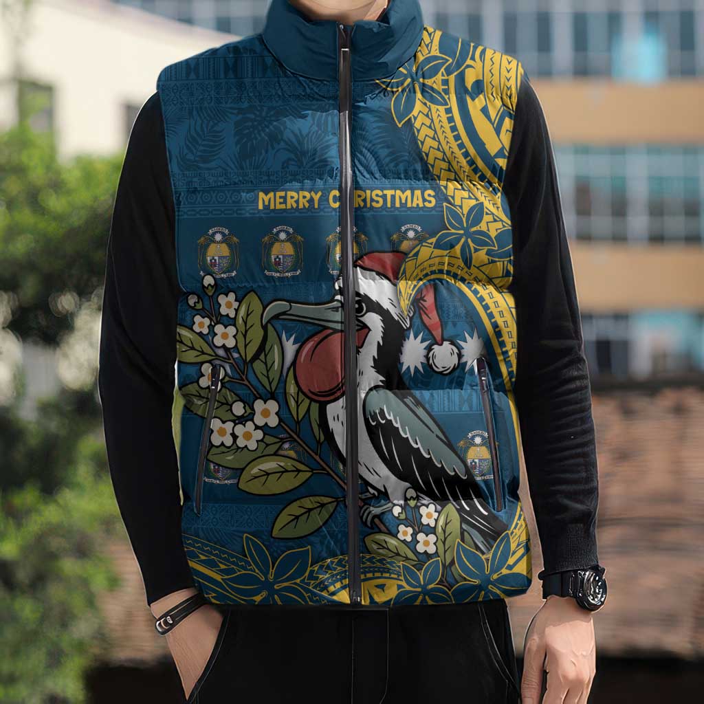 Nauru Christmas Sleeveless Puffer Jacket Frigatebird Bird Santa Tribal Waves - Polynesian Pride