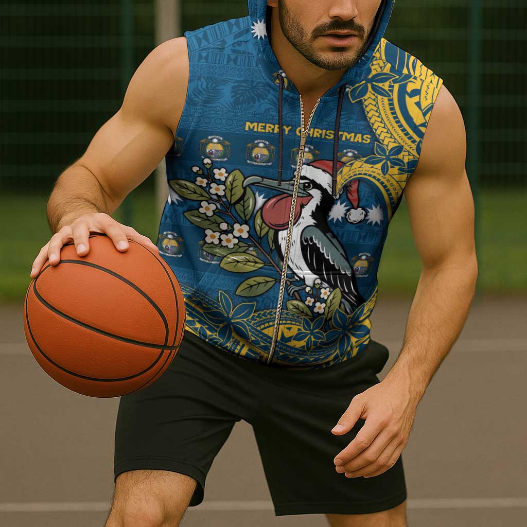 Nauru Christmas Sleeveless Zip Hoodie Frigatebird Bird Santa Tribal Waves - Polynesian Pride