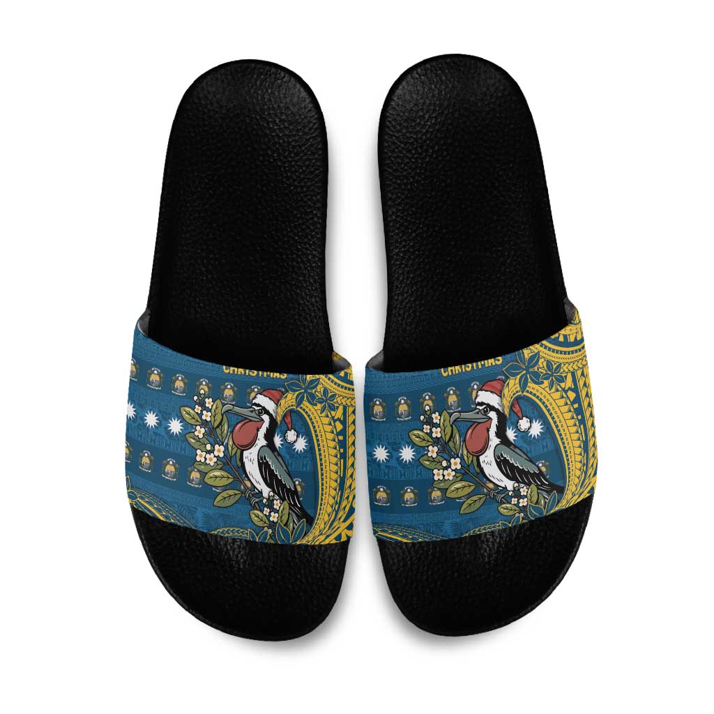Nauru Christmas Slide Sandals Frigatebird Bird Santa Tribal Waves - Polynesian Pride
