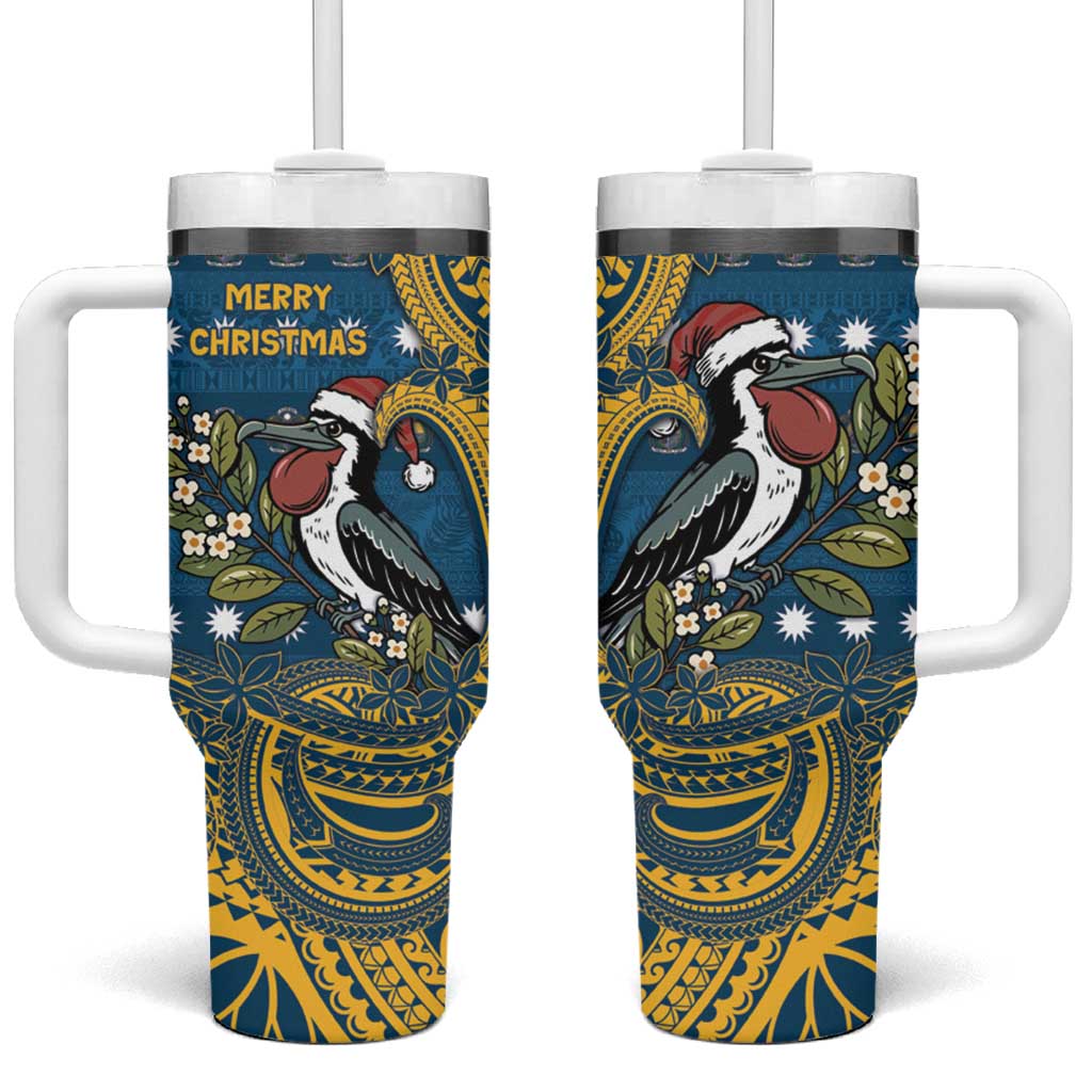Nauru Christmas Tumbler With Handle Frigatebird Bird Santa Tribal Waves - Polynesian Pride