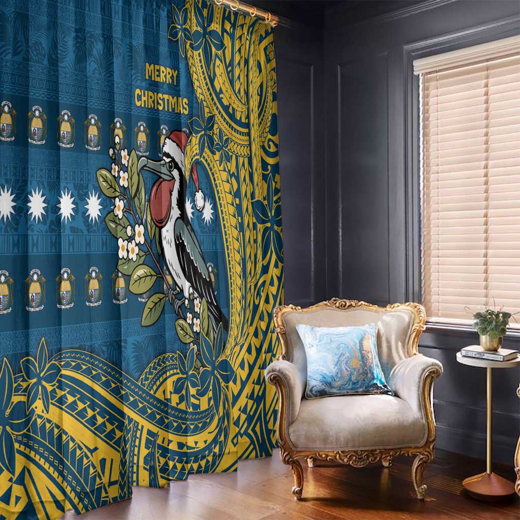 Nauru Christmas Window Curtain Frigatebird Bird Santa Tribal Waves DT05 - Polynesian Pride