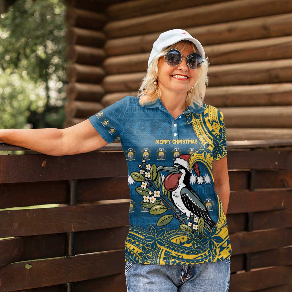 Nauru Christmas Women Polo Shirt Frigatebird Bird Santa Tribal Waves - Polynesian Pride