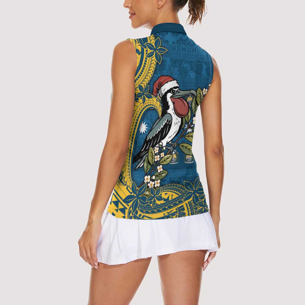 Nauru Christmas Women Sleeveless Polo Shirt Frigatebird Bird Santa Tribal Waves - Polynesian Pride