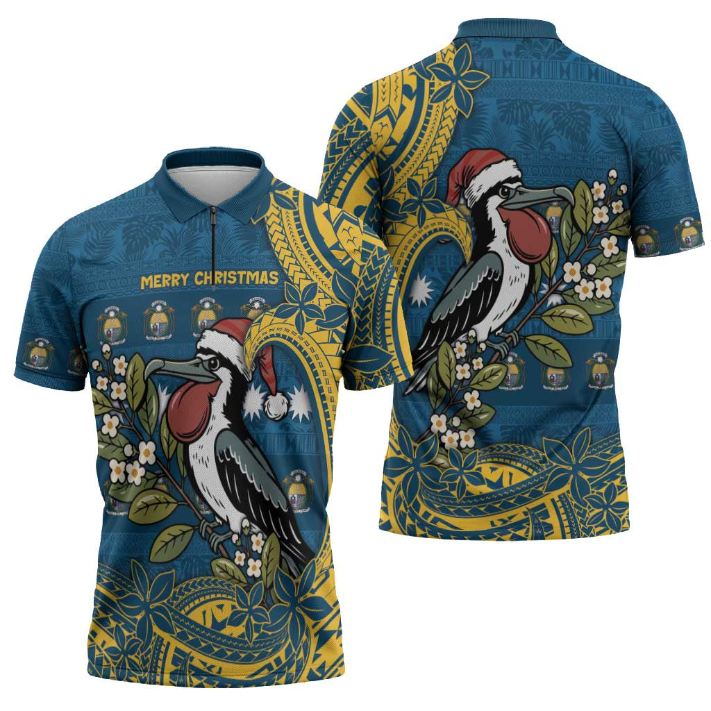 Nauru Christmas Zipper Polo Shirt Frigatebird Bird Santa Tribal Waves - Polynesian Pride