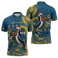 Nauru Christmas Zipper Polo Shirt Frigatebird Bird Santa Tribal Waves - Polynesian Pride