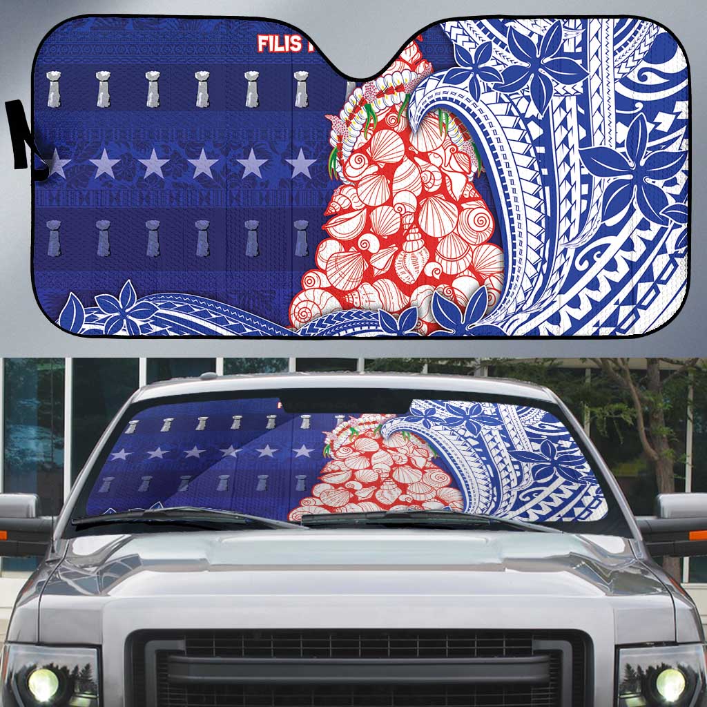 Northern Mariana Islands Christmas Auto Sun Shade Seashell Xmas Tree Tribal Waves DT05 Navy - Polynesian Pride