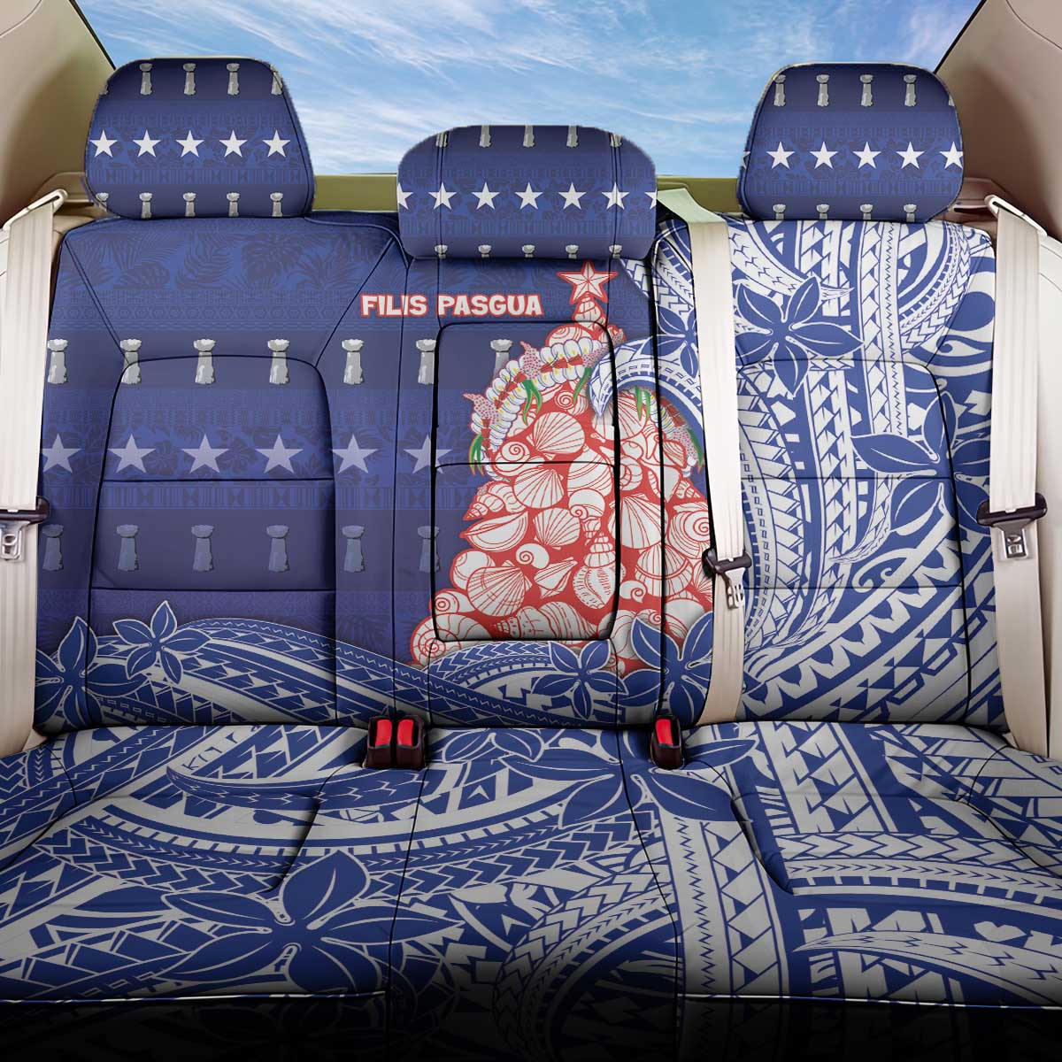 Northern Mariana Islands Christmas Back Car Seat Cover Seashell Xmas Tree Tribal Waves - Polynesian Pride