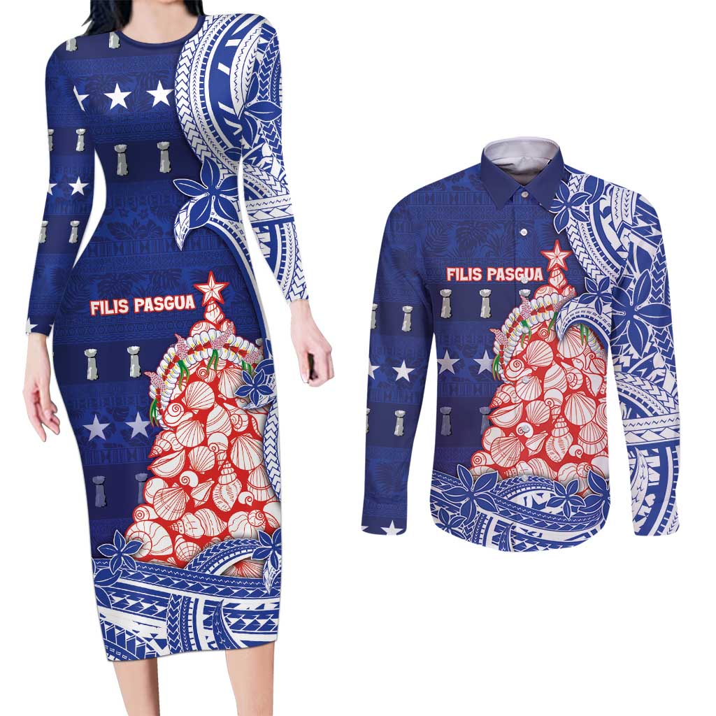 Northern Mariana Islands Christmas Couples Matching Long Sleeve Bodycon Dress and Long Sleeve Button Shirt Seashell Xmas Tree Tribal Waves - Polynesian Pride