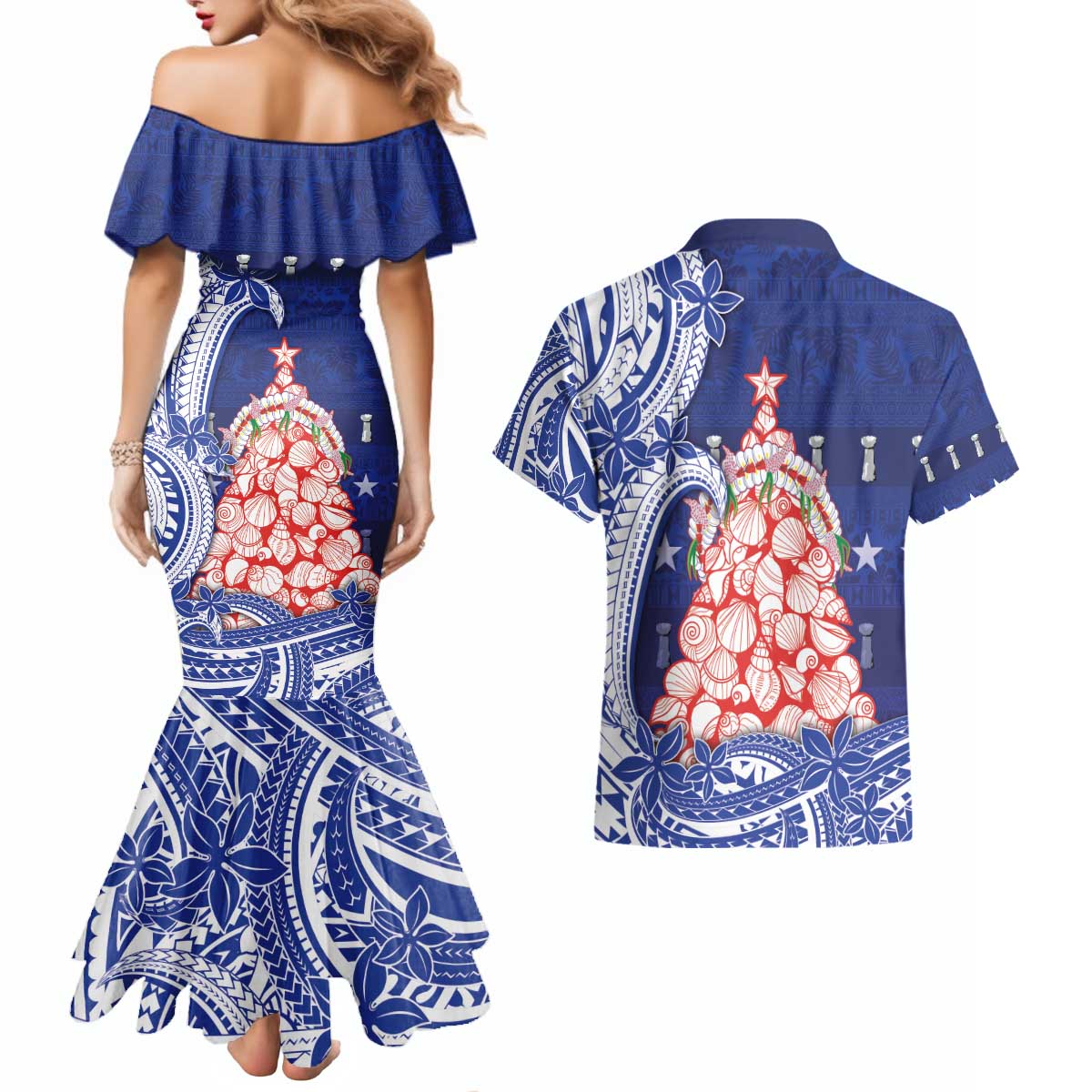 Northern Mariana Islands Christmas Couples Matching Mermaid Dress and Hawaiian Shirt Seashell Xmas Tree Tribal Waves - Polynesian Pride