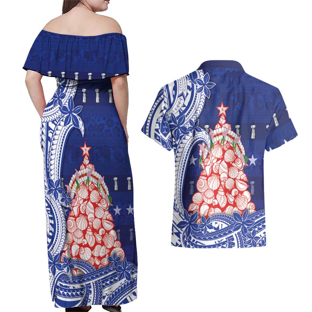 Northern Mariana Islands Christmas Couples Matching Off Shoulder Maxi Dress and Hawaiian Shirt Seashell Xmas Tree Tribal Waves - Polynesian Pride
