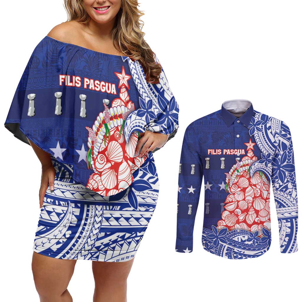Northern Mariana Islands Christmas Couples Matching Off Shoulder Short Dress and Long Sleeve Button Shirt Seashell Xmas Tree Tribal Waves - Polynesian Pride